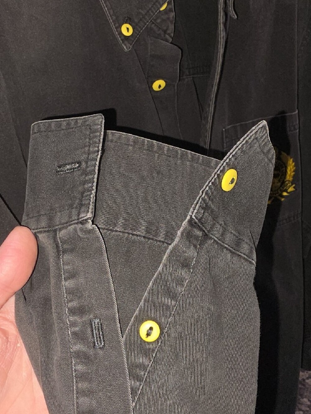 Men's Bijan Long-Sleeve Black Denim Shirt with Yellow/Gold Accent - Picture 4 of 7